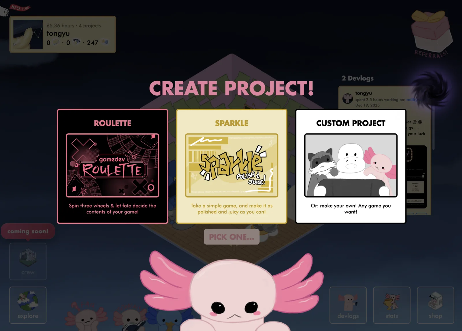 Roulette minigame — challenge project type selection