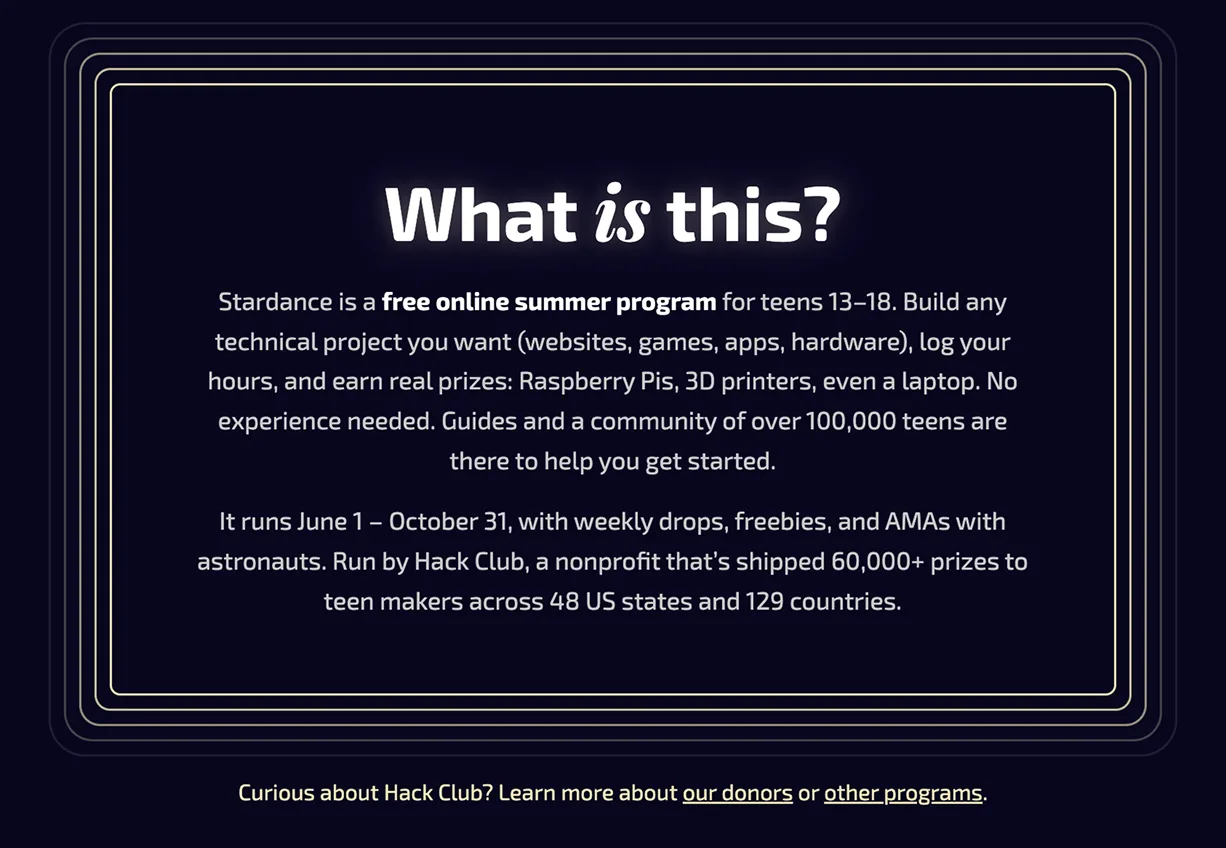 Stardance landing page — hero section