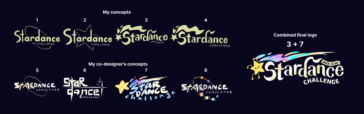 Logo concept iterations — individual concepts from both designers, and the final combined logo design