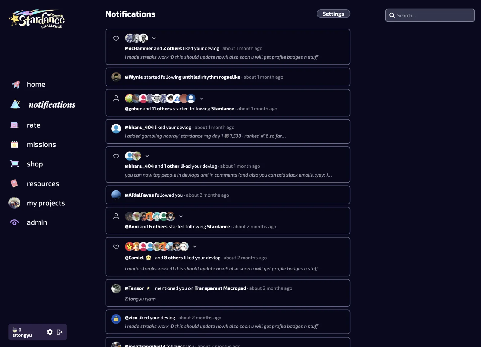 Stardance platform — dark UI with feed and notifications